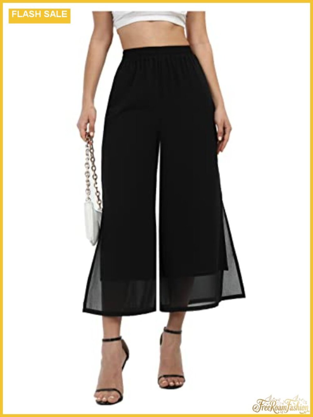 Wide Leg Palazzo Capri Pants High Waist Split Chiffon Pockets Dressy Casual